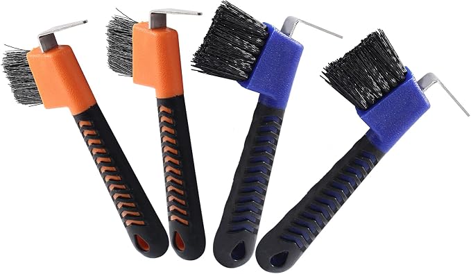 4 Pcs Horse Hoof Pick Brush with Soft Touch Rubber Handle Portable Hoofpick, Blue & Orange