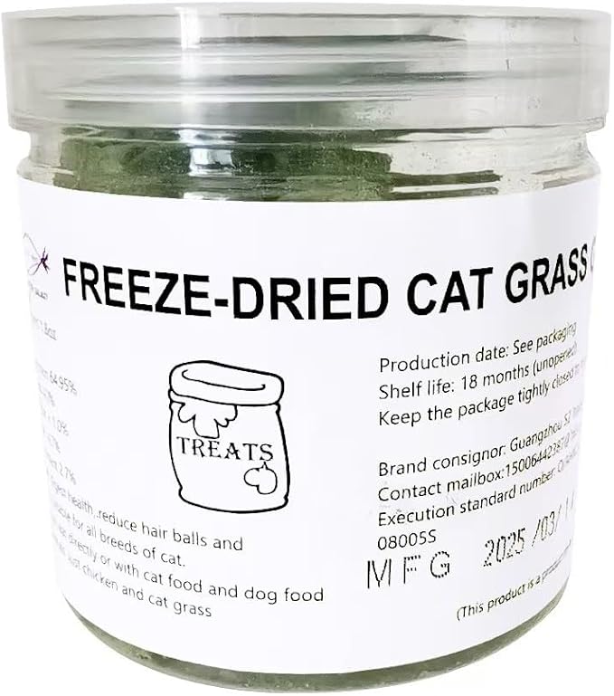 Fangool Freeze-Dried Cat Grass Treats,1.8oz Chicken Freeze-Dried Cat Grass Granules/80% cat Grass Content Hairbal Remedy and Teeth Cleaning