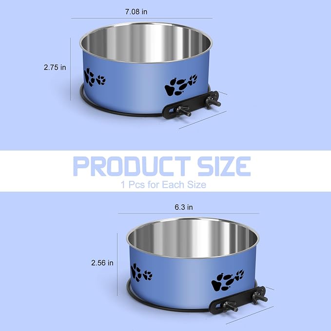 2 Pack Kennel Bowls Mountable Stainless Steel Crate Bowls for Dogs No Spill Hanging Kennel Water Feeder with Clamp Holder 2 Sizes（7.08x2.83’’,6.3x2.63’） (Blue)