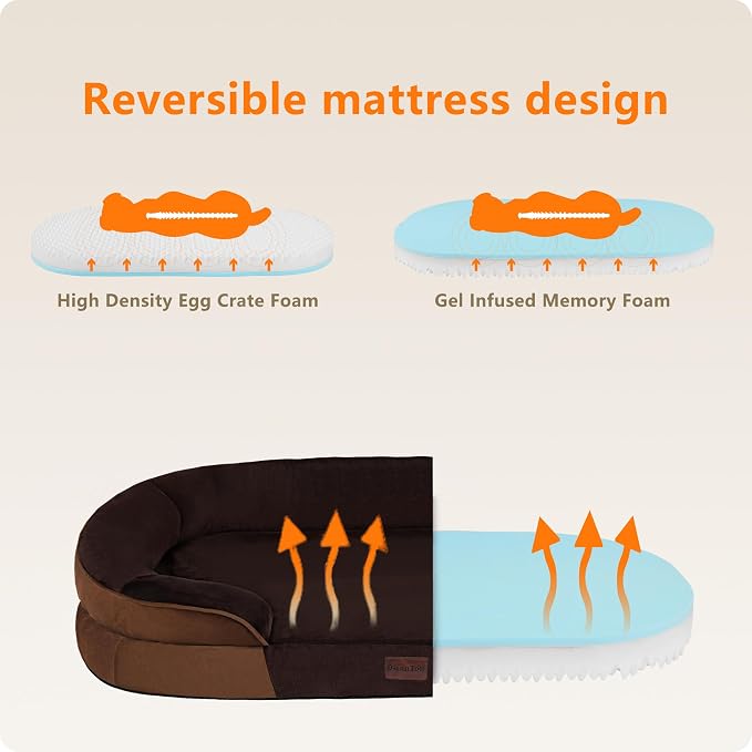 Dwanton Orthopedic Dog Bed for Large Dogs with Gel Memory Foam, Waterproof Dog Sofa, Washable Pet Bed with Four Sided Bolster Cushion, Removable Cover & Non-Slip Bottom, 38", Brown