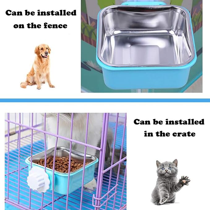 Love Dream Crate Dog Cat Bowls, Hanging Pet Cage Food Water Feeder with Removable Stainless Steel Bowls and Bolt Holder for Puppy Cat Rabbit Birds (Large, Blue)