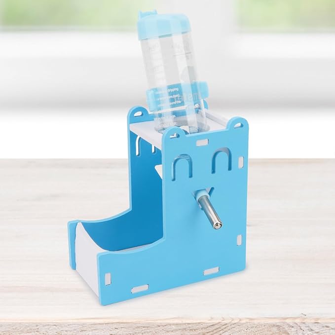 2 in 1 Hamster Hanging Water Bottle Pet Auto Dispenser with Base for Hamster Mice Gerbil Hedgehog (Smile Blue)