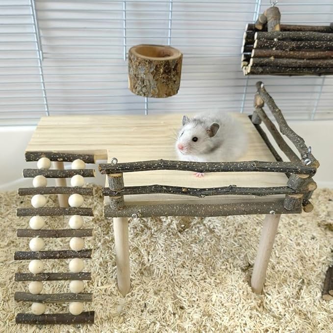 HEEPDD Wooden Hamster Platform, Climbing Toys Playground with Fence Bridge for Small Pets, Gerbil, Rat