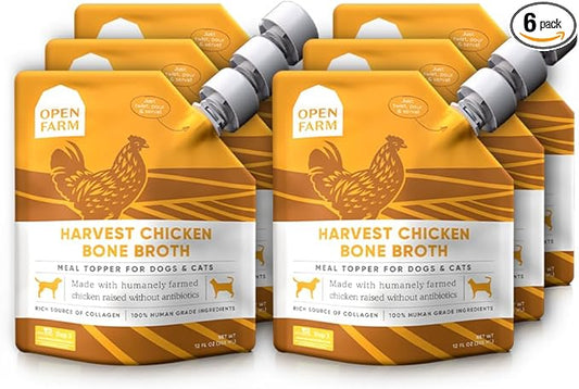 Open Farm Bone Broth, Food Topper for Both Dogs and Cats with Responsibly Sourced Meat and Superfoods Without Artificial Flavors or Preservatives, 72oz (6 Pack Harvest Chicken)
