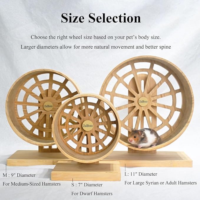 9" Silent Hamster Wheel, Carbonized Bamboo Running Wheel with Adjustable Height Stand for Syrian, Dwarf Hamsters, Gerbils & Mice