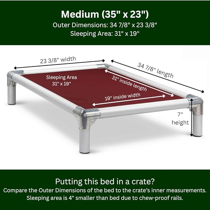 Kuranda Chewproof Elevated Dog Bed - Silver Aluminum - 35" x 23" - Heavy Duty Vinyl - Burgundy