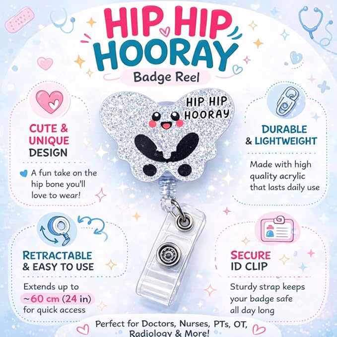 Hip Hip Hooray Badge Reel IVN Pelvis Bone Spine Surgical Trauma Orthopedic Hospital Rehab Medical ER ID Name Holder with Alligator Clip Gift for Ortho Nurse Doctor RN MD XRay Tech Healthcare Workers