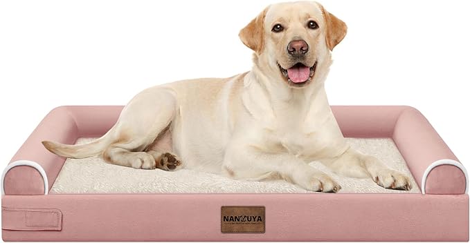 NANUYA Orthopedic Dog Bed for Large Dogs, 38 x 25 Inch, Pink | Egg crate foam for joint support, 3-sided bolster pet sofa, waterproof lining, washable cover, and non-skid base