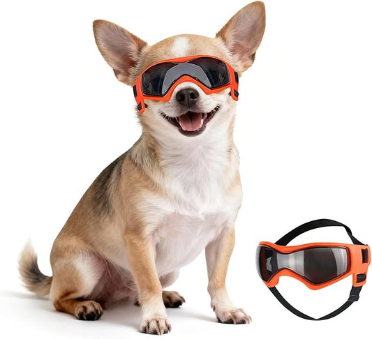 Dog Sunglasses for Extra Small Breed UV Protection Windproof XS Dog Goggles with Adjustable Head & Chin Straps for Ride Car/Hiking Travel/On Beach-Orange