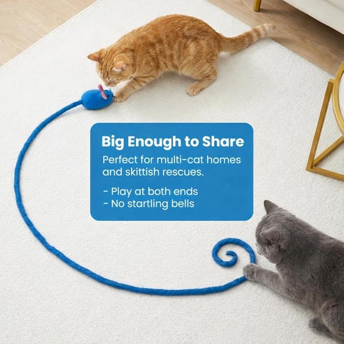 Glaciart One Felt Mouse Cat Toy – Soft Fuzzy Enrichment 100% Natural Wool - Interactive Catnip Play Cat Toy Set - Safe for Pets, Non-AZO Colored Dyes - 100” Long