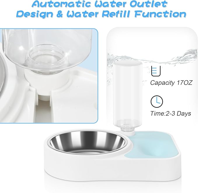 JUST RUN Double Dog Cat Bowls, Dog Cat Food and Water Bowl Set with Automatic Water Dispenser Bottle, Super Big Detachable Stainless Steel Food Bowl for Small Dogs Puppy and Cats Kitten Rabbit(Blue)