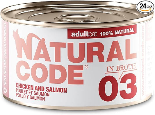 Natural Code - 24 Pack Wet Cat Food, Limited Ingredient Cat Food, High-Protein, Non-GMO, No Artificial Additives, Made in Italy, Chicken & Salmon in Broth for Adult Cats, 3 oz