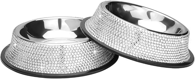 SAVORI Bling Dog Bowls White, 640ML Handmade Bling Rhinestones Stainless Steel Pet Bowls Double Food Water Feeder for Puppy Cats Dogs - Set of 2