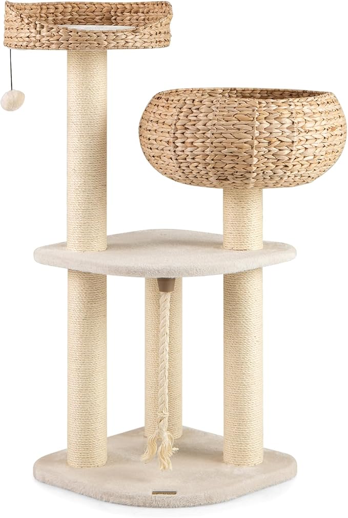 PETSITE 41 Inch Modern Cat Tree for Indoor Cats, Multi-Level Cute Cat Tree with Scratching Posts, Hand-Made Wicker Cat Condo & Top Perch, Dangling Ball, and Sisal Rope, Beige