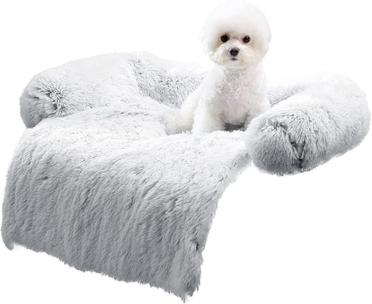 HACHIKITTY Calming Pet Sofa Bed Mat, Washable Fluffy Couch Cover for Dogs and Cats, Anti-Slip Bottom (37"x 33"x 6", Gray)