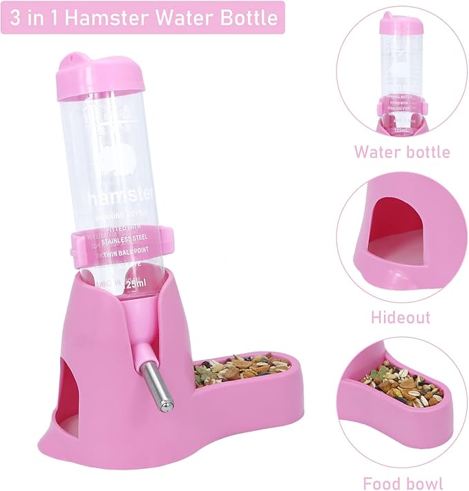 3 in 1 Hamster Hanging Water Bottle Pet Auto Dispenser with Base for Dwarf Hamster Mouse Rat Hedgehog (125ML, Pink)