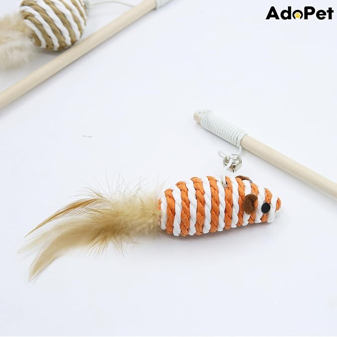 4PCS Cat Teaser Wand Toy Set – Wooden Handles with Sisal Rope Balls, Mouse & Feather Attachments, Interactive Play Wands with Bells for Indoor Cats