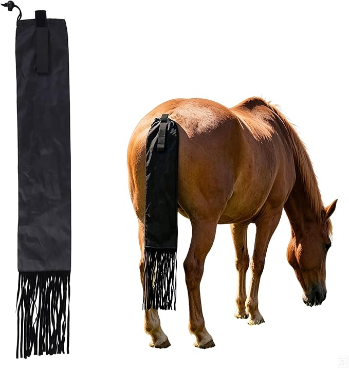 Horse Tail Bag with Fringe, Adjustable Nylon Horse Tail Protector with Fastener, Lightweight Water-Repellent Tail Bag for Braided Tail Protection, Grooming, Stable & Horse Show Use, Black