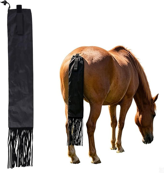 Horse Tail Bag with Fringe, Adjustable Nylon Horse Tail Protector with Fastener, Lightweight Water-Repellent Tail Bag for Braided Tail Protection, Grooming, Stable & Horse Show Use, Black