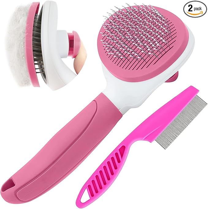 Cat Brushes for Indoor Cats, Dog Brush for Shedding with Metal Cat Comb, Self Cleaning Pet Hair Brush with Release Button for Grooming Kitten(Pink)