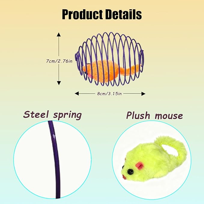 5 Pack Cat Spring Cage Balls with Plush Mouse - Interactive Wire Rattle Toy for Indoor Cats & Kittens - Durable Metal Rolling Mouse Toys for Bored Cats Exercise (Random Colors)
