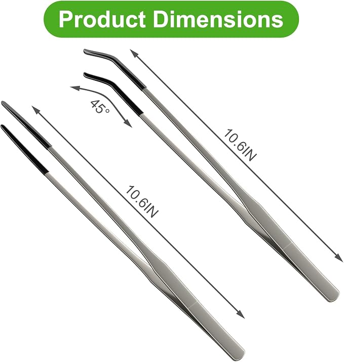 2 Pcs Extra Long Stainless Steel Reptile Feeding Tongs 10.6 IN with Soft Rubber Tip – Straight & Curved Tweezers for Bearded Dragon, Tank Accessories, Lizards, Terrarium, Aquarium, Leopard Gecko