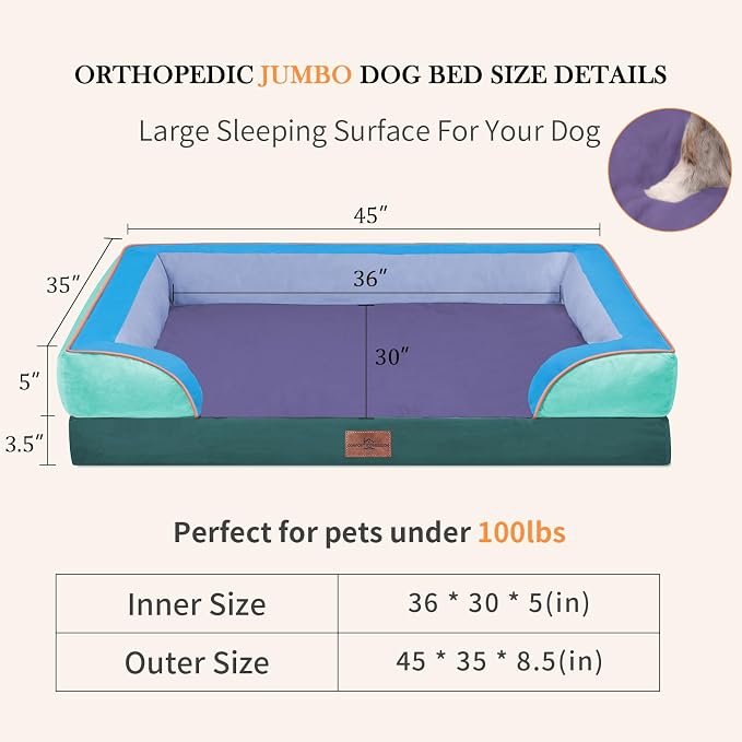 Comfort Expression Orthopedic Dog Bed for Extra Large Dogs with Bolster | Waterproof Dog Couch Bed with Washable Cover & Non-Slip Bottom, Supportive Egg Crate Foam XL Pet Bed, 45x35 Inch