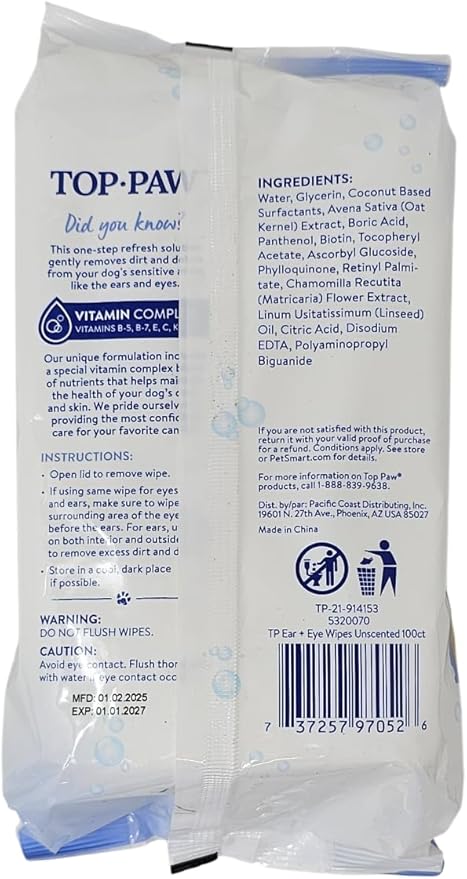 TOP PAW Ear and Eye Wipes Unscented, 100 Count, for Dogs