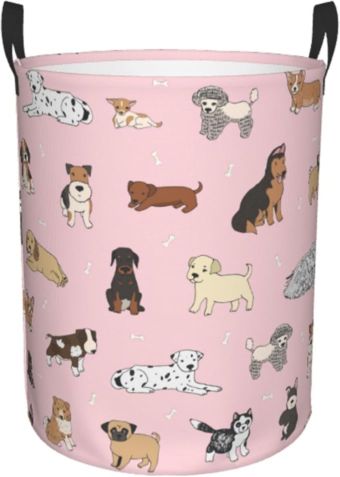 Cute Dog Pink Round Laundry Hamper Storage Basket Toys Clothes Organizer Bin For Home Bathroom Bedroom Dorm Nursery, 62l