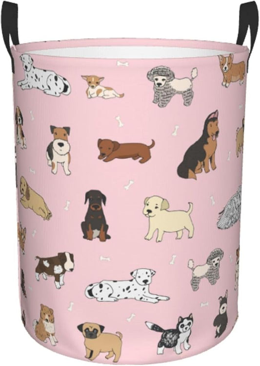 Cute Dog Pink Round Laundry Hamper Storage Basket Toys Clothes Organizer Bin For Home Bathroom Bedroom Dorm Nursery, 62l