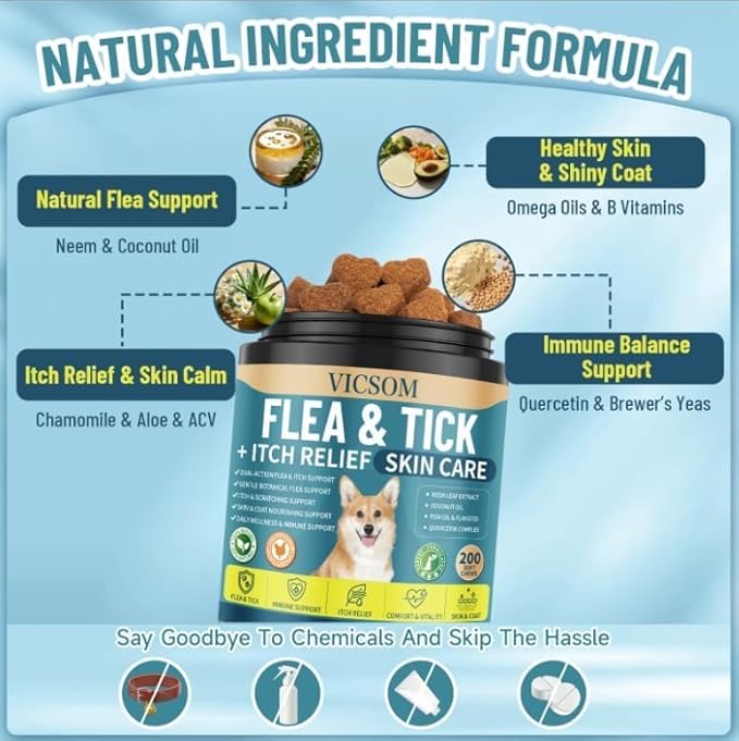 Flea and Tick Prevention for Dogs Itching Skin Relief, 200 Chewable Flea and Tick for Dog with Skin & Coat Support, Itch Relief for Dogs, Oral Supplement for All Breeds & Ages, Chicken Flavor