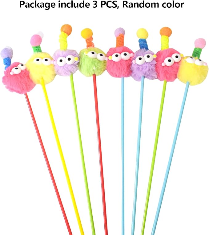 IUHKBH Cat Wands, 3 PCS Fluffy Ball Teaser Wands Interactive Kitten Toys Adorable Cat Toys No Noise Kitty Wand for Energetic Kittens