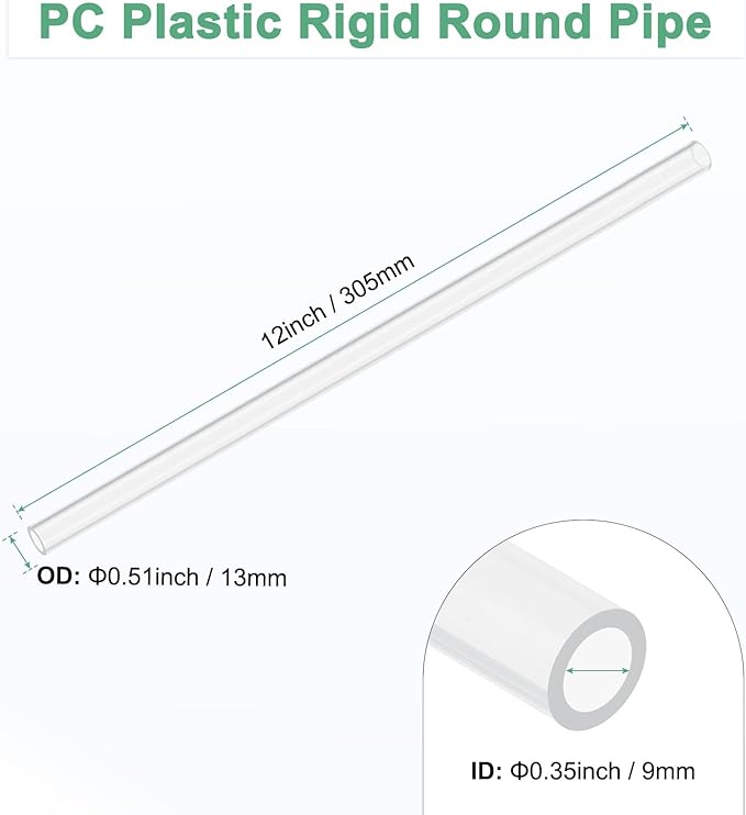 M METERXITY Clear Plastic Tube, 9mm[0.35"] ID x 13mm[0.51"] OD High Impact Rigid Polycarbonate Round Pipes for Water Plumbing/Lighting/Aquariums/Models, Plastic Tubing [305mm/12IN]
