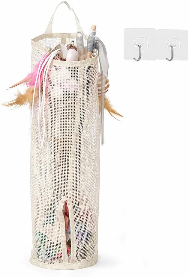 Cat Wand Toy Storage Organizer, Wall Mounted Mesh Holder for Cat Toys, Space-Saving with Adhesive Hooks (Single Compartment)