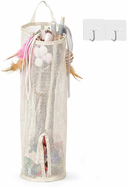 Cat Wand Toy Storage Organizer, Wall Mounted Mesh Holder for Cat Toys, Space-Saving with Adhesive Hooks (Single Compartment)