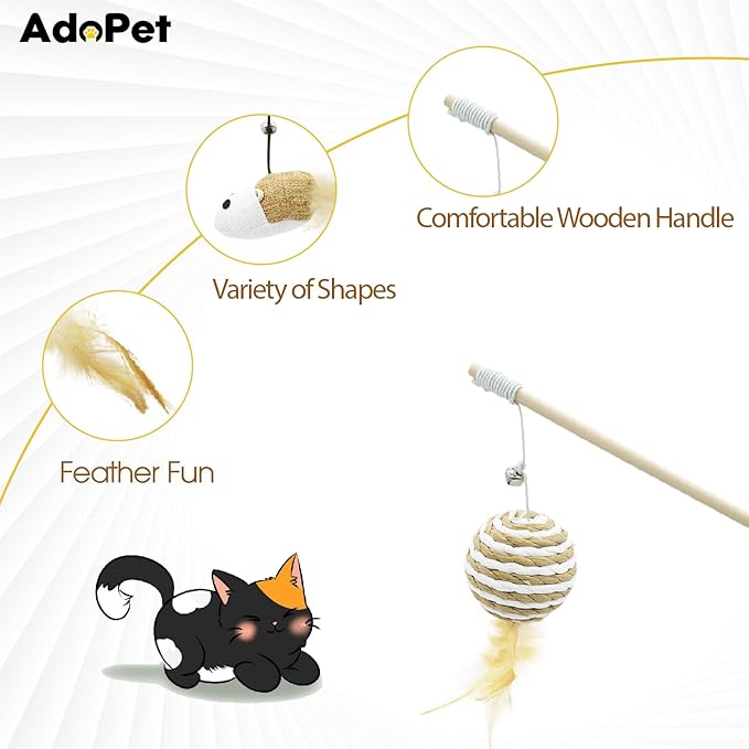 4PCS Cat Teaser Wand Toy Set – Wooden Handles with Sisal Rope Balls, Mouse & Feather Attachments, Interactive Play Wands with Bells for Indoor Cats