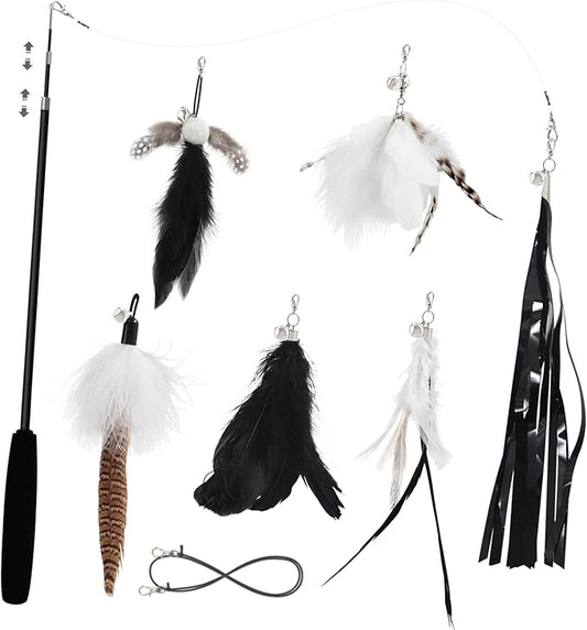 SONGWAY Cat Wand Toys for Indoor Cats - Cat Toy Set with Retractable Teaser Wand and 6 PCS Feather Toy Refills, Dragonfly Tassel Cat Toys Interactive, Black