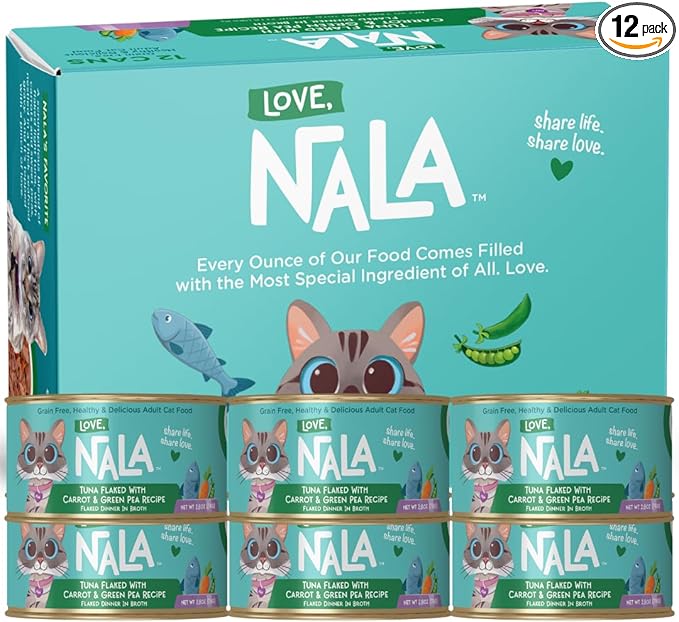 LOVE, NALA - Natural Adult Cat Wet Food - FLAKED Tuna with Carrot & Green Pea in Broth - Grain Free, Non-GMO, Lean Protein, Added Minerals & Vitamins - 12 Pack, 2.4 lbs.
