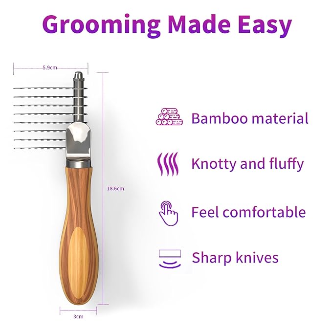 Dog Dematting Comb & Rake, Stainless Steel Pet Grooming Brush for Mats & Tangles, Gentle Undercoat Rake for Doodles, Poodles, Goldendoodles, Long/Short Haired Dogs & Cats, Non-Slip Wooden Handle