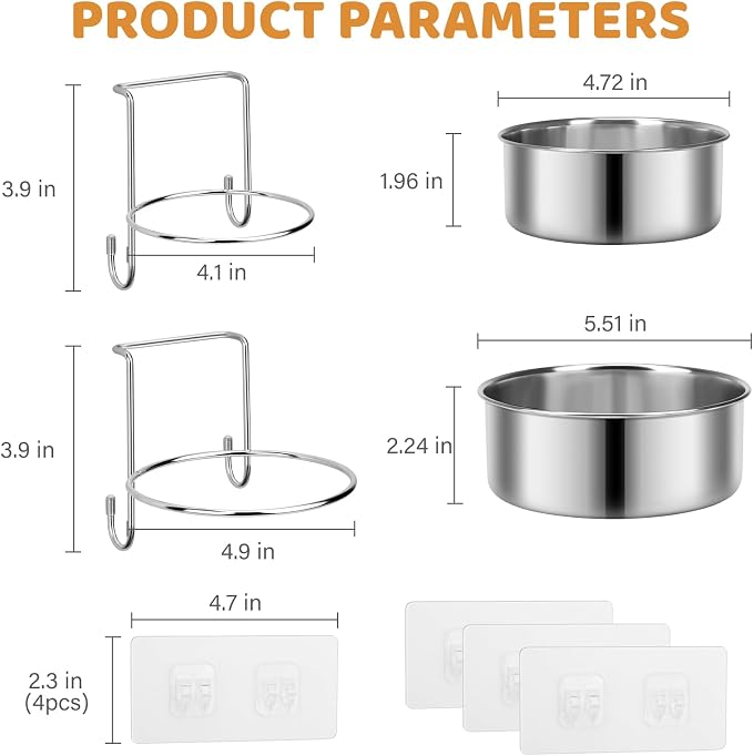 2 Pcs Small Wall Mounted Cat Bowls, Elevated Hanging Puppy Food and Water Bowls Stainless Steel Non-Spill Kitten Feeding Dish with Wall Mounted Hook for Small Pets (M (5.5x2.1'' & 4.7x2''))