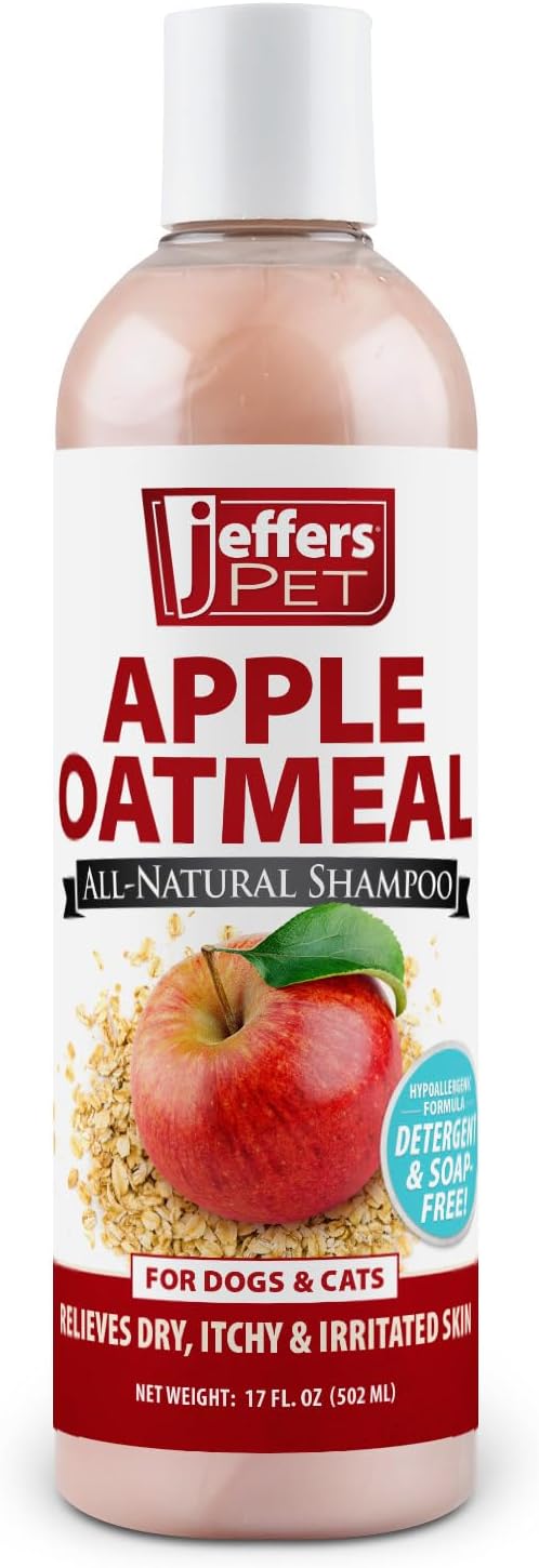 Jeffers Pet Apple Oatmeal Shampoo for Dogs & Cats, 17 oz - Gentle Coconut Based Formula w/Colloidal Oat Protein, Soap Free, Deodorizing Apple Scent, Sensitive Skin, Puppies Kittens Grooming Care