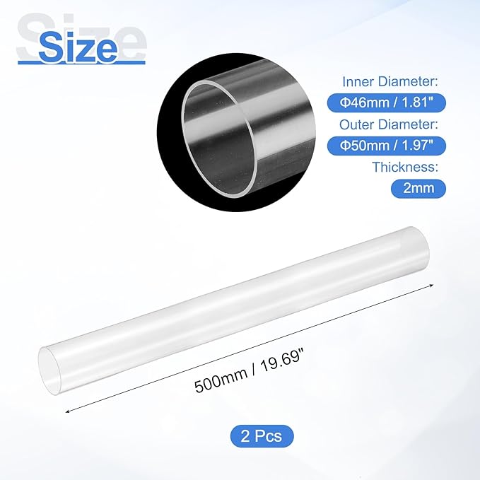 uxcell 2Pcs Clear Rigid Acrylic Pipe, 46mm(1.81") ID x 50mm(1.97") OD 20" Round Polycarbonate Tube Plastic Tubing for Plumbing, Lighting, Aquarium, DIY Projects
