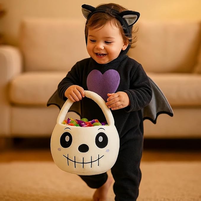 Halloween Plush Treat Basket, Halloween Candy Basket, Trick-or-Treat Bag(White Skull)