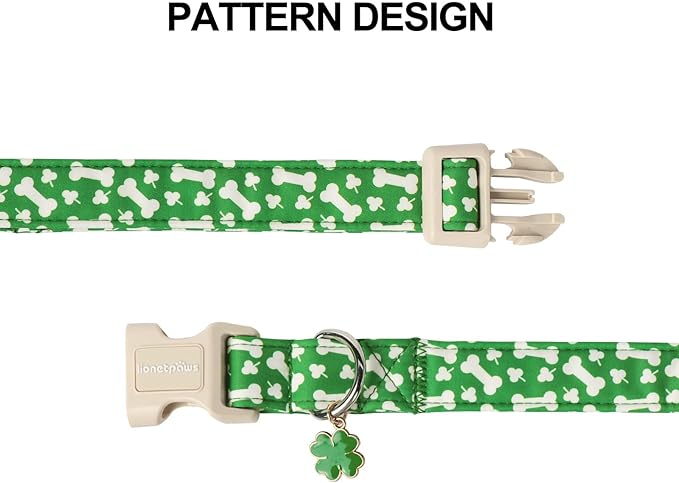 Lionet Paws St. Patrick Dog Collar- Cute Clover Bone Green Dog Collars with Plastic Buckle, Light Adjustable Dog Collars with Clover Pendant for Medium Dogs