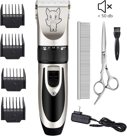 Highdas Dog Grooming Kit Clippers, Low Noise, Electric Quiet, Rechargeable, Cordless, Pet Hair Thick Coats Clippers Trimmers Set, Suitable for Dogs, Cats, and Other Pets (Silver)