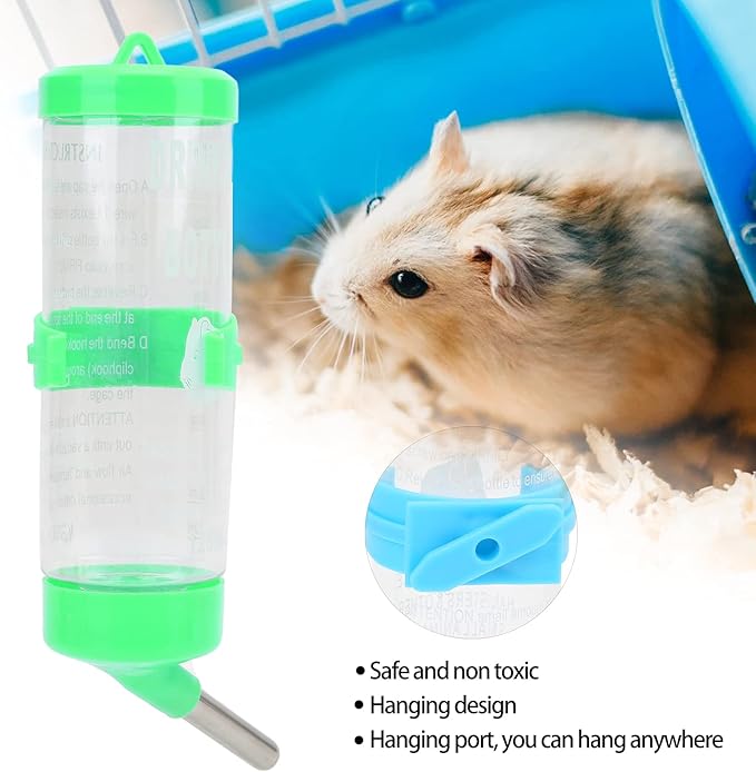 Hamsters Water Bottle, Automatic No Drip Hanging Water Feeder Dispenser for Small Animals Guinea Pig Rat Rabbit Dwarf Gerbil Chinchilla(Green 125ML)