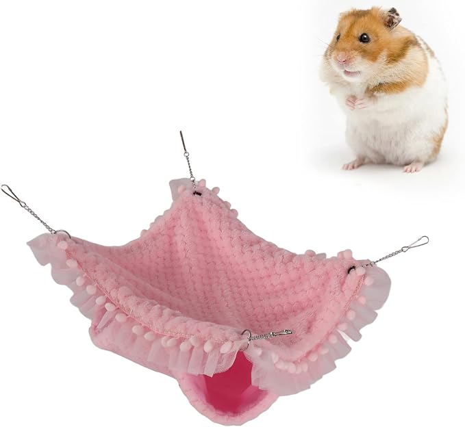 Double Layer Small Pet Swing Hammock, Hamster Double Bunkbed Hammock with 4 Hanging Chains, Soft Plush Hanging Bed for Ferret Hamster Parrots Guinea Pig (Pink)