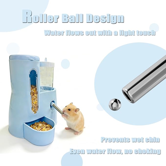 Hamster Food Bowl Guinea Pig Water Bottle No Drip - 2-in-1 Automatic Feeder and Waterer with Roller Ball Design, 300ml+80ml