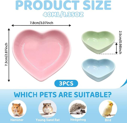 3 Pack Ceramic Hamster Food Bowl Anti-Turning Heart Hamsters Water Dish Cute Small Animals Bowl for Rabbits Chinchillas Guinea Pig Rat Hedgehog Parrots Small Animals (3 Colors)