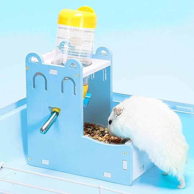 Hamster Water Bottle Stand, 2 in 1 Hanging Rat Auto Dispenser Small Animal Drinking Bottle Food Container Base Hideout Mouse Automatic Feeder Bowl Cage Toy Dwarf Hedgehog Pet Mice Gerbil Guinea Pig